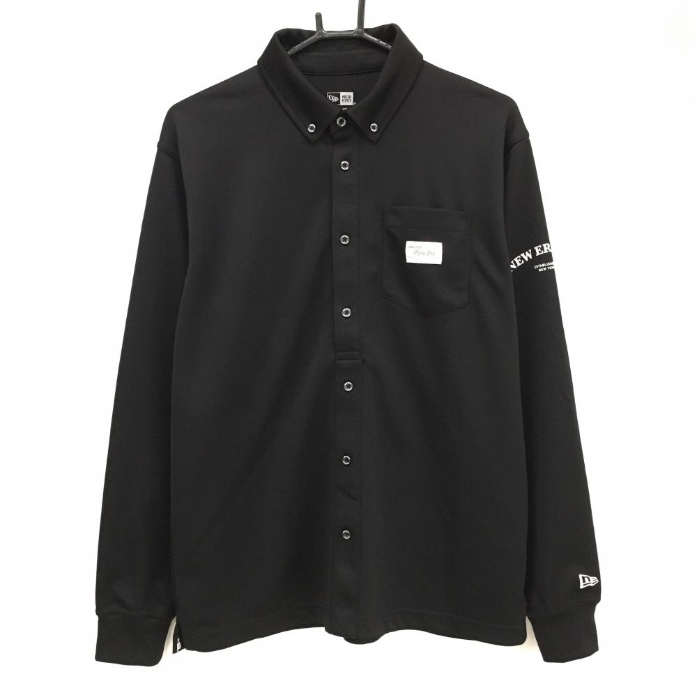 【美品】ニューエラ 長袖ポロシャツ 黒 ボタンダウン 胸ポケット メンズ MEDIUM ゴルフウェア New Era