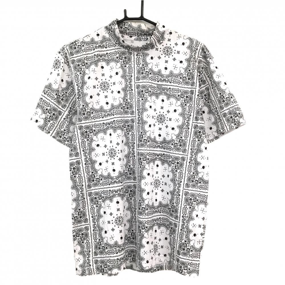 ニューエラ 半袖ハイネックシャツ 白×黒 総柄 後ろロゴプリント メンズ MEDIUM ゴルフウェア New Era