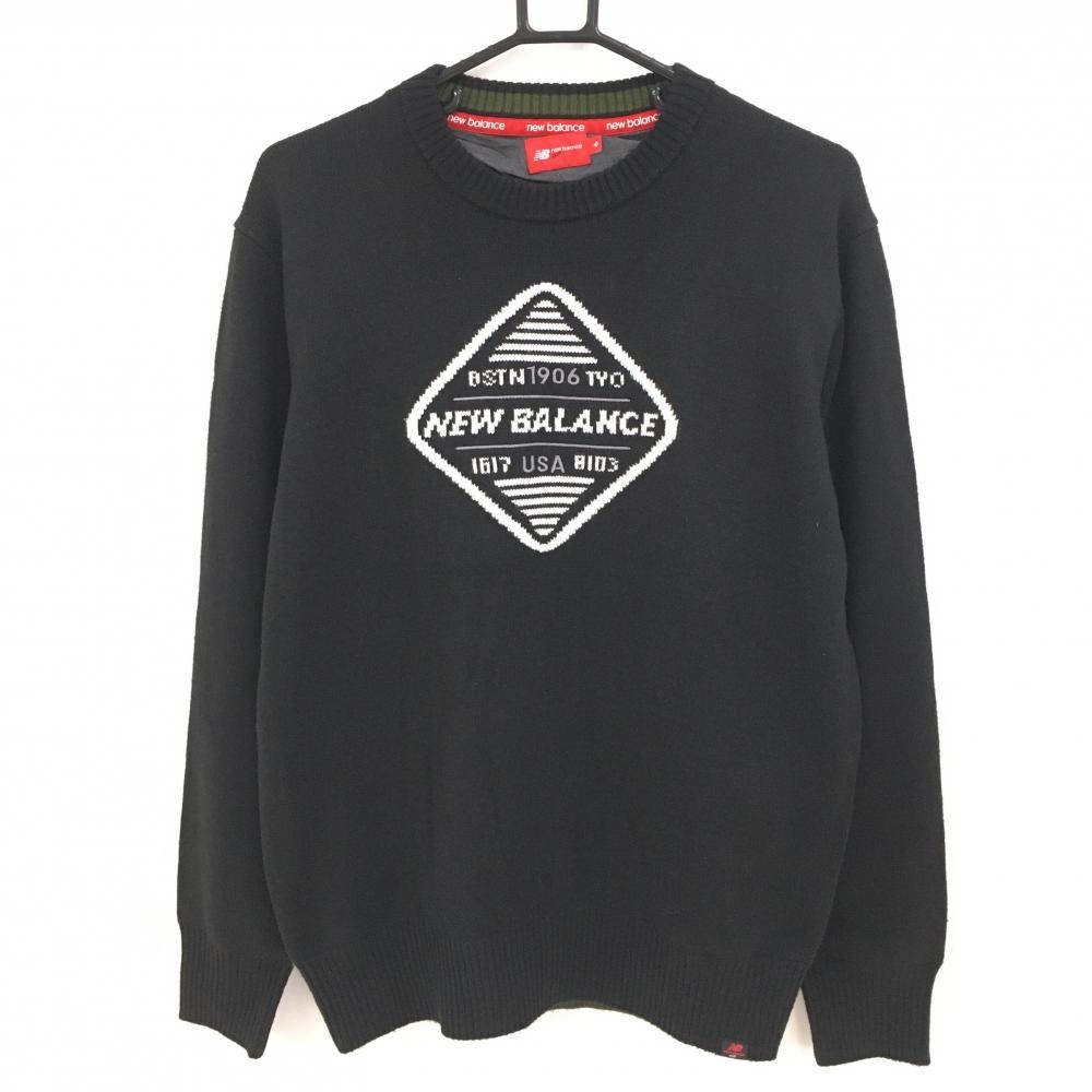 【超美品】ニューバランスゴルフ セーター 黒×白 フロントロゴ 裏地付 ニット メンズ 6(XL) ゴルフウェア New Balance