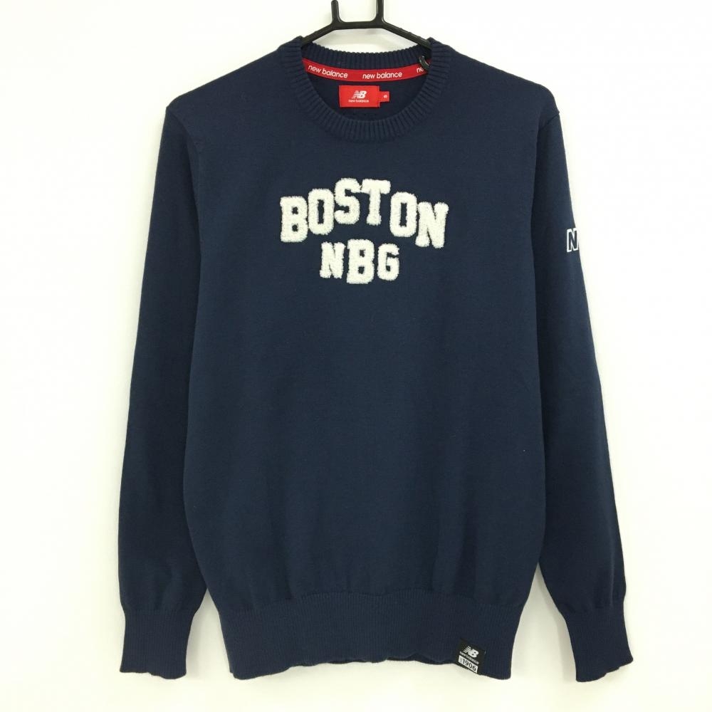 【超美品】ニューバランス セーター ネイビー×白 胸元ロゴ ニット コットン混 メンズ 5(L) ゴルフウェア New Balance
