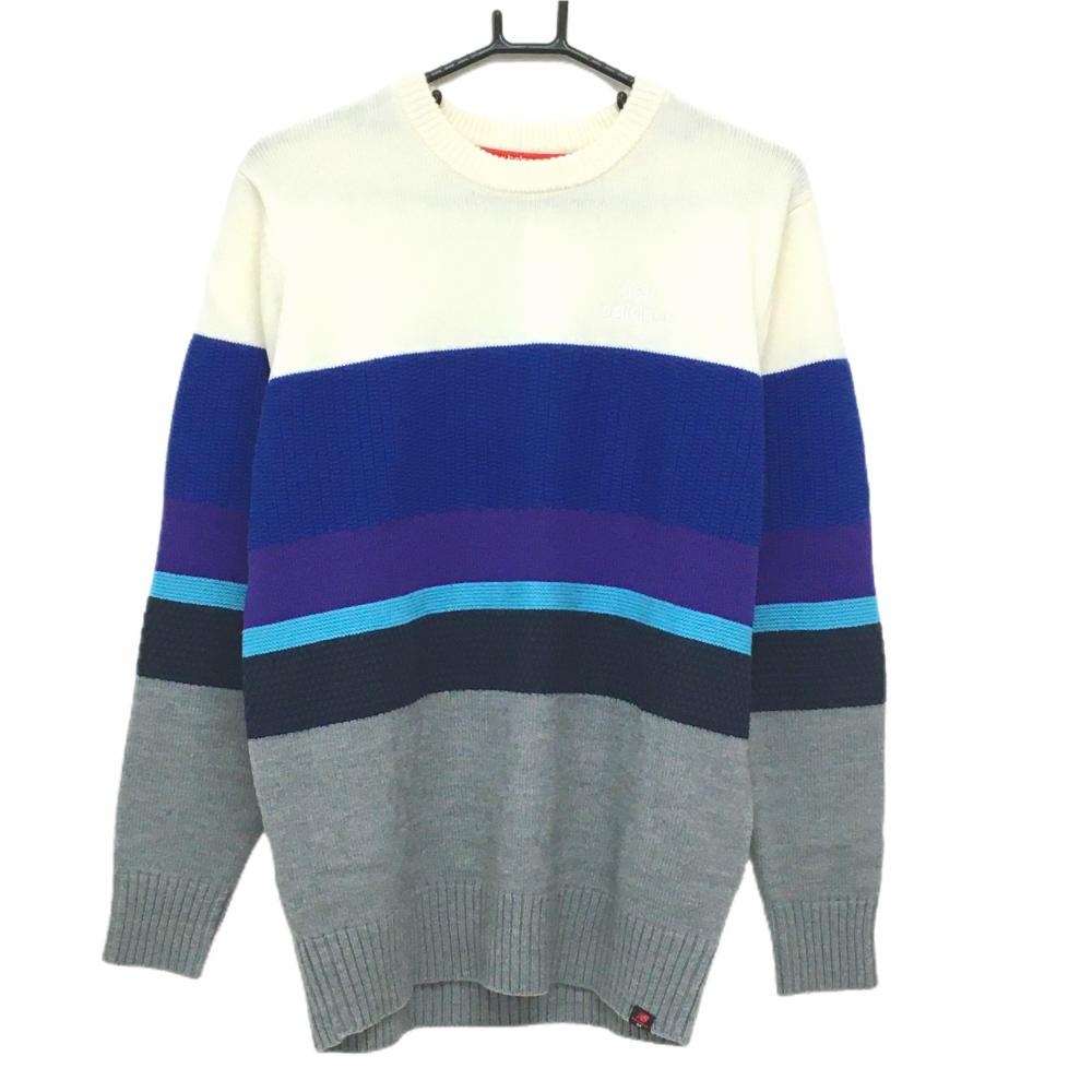 【美品】ニューバランスゴルフ セーター グレー×ブルー×白 ロゴ刺しゅう ニット メンズ 5(L) ゴルフウェア New Balance