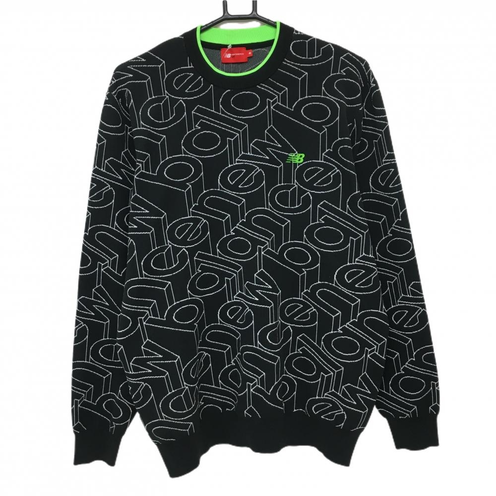 【超美品】ニューバランスゴルフ セーター 黒×白 ロゴ総柄 ニット ロゴ刺しゅう メンズ 6(XL) ゴルフウェア New Balance