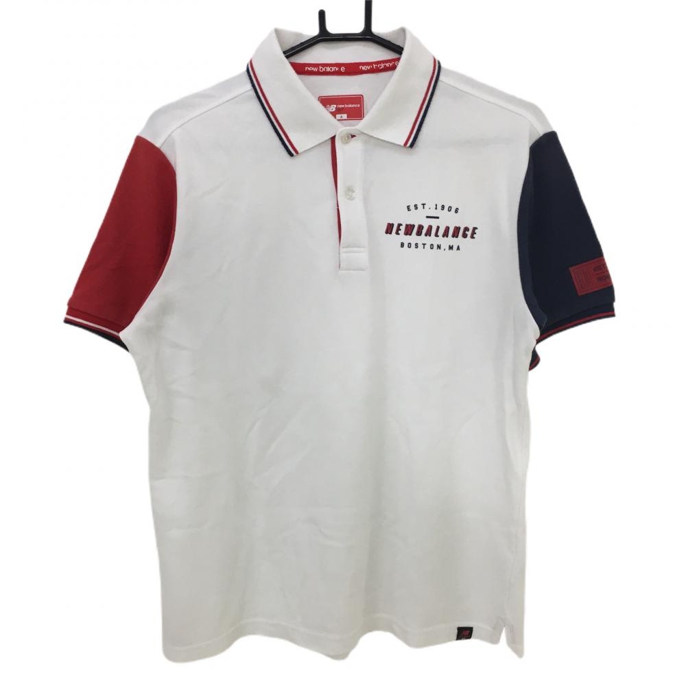 ニューバランス 半袖ポロシャツ 白×レッド×ネイビー ロゴプリント メンズ 6(XL) ゴルフウェア New Balance 画像