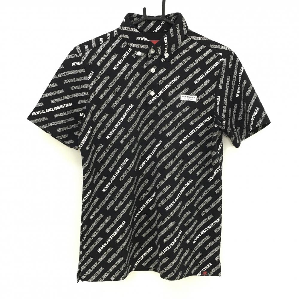 ニューバランス 半袖ポロシャツ 黒×白 ロゴ総柄 ボタンダウン メンズ 4(M) ゴルフウェア New Balance