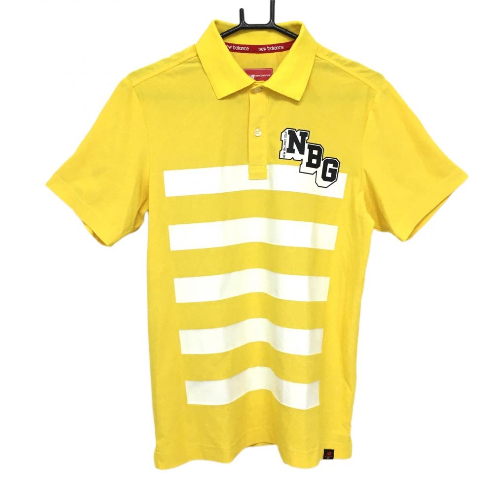 【美品】ニューバランスゴルフ 半袖ポロシャツ イエロー×白 一部ボーダー 織生地 胸元プリント メンズ 5(L) ゴルフウェア New Balance