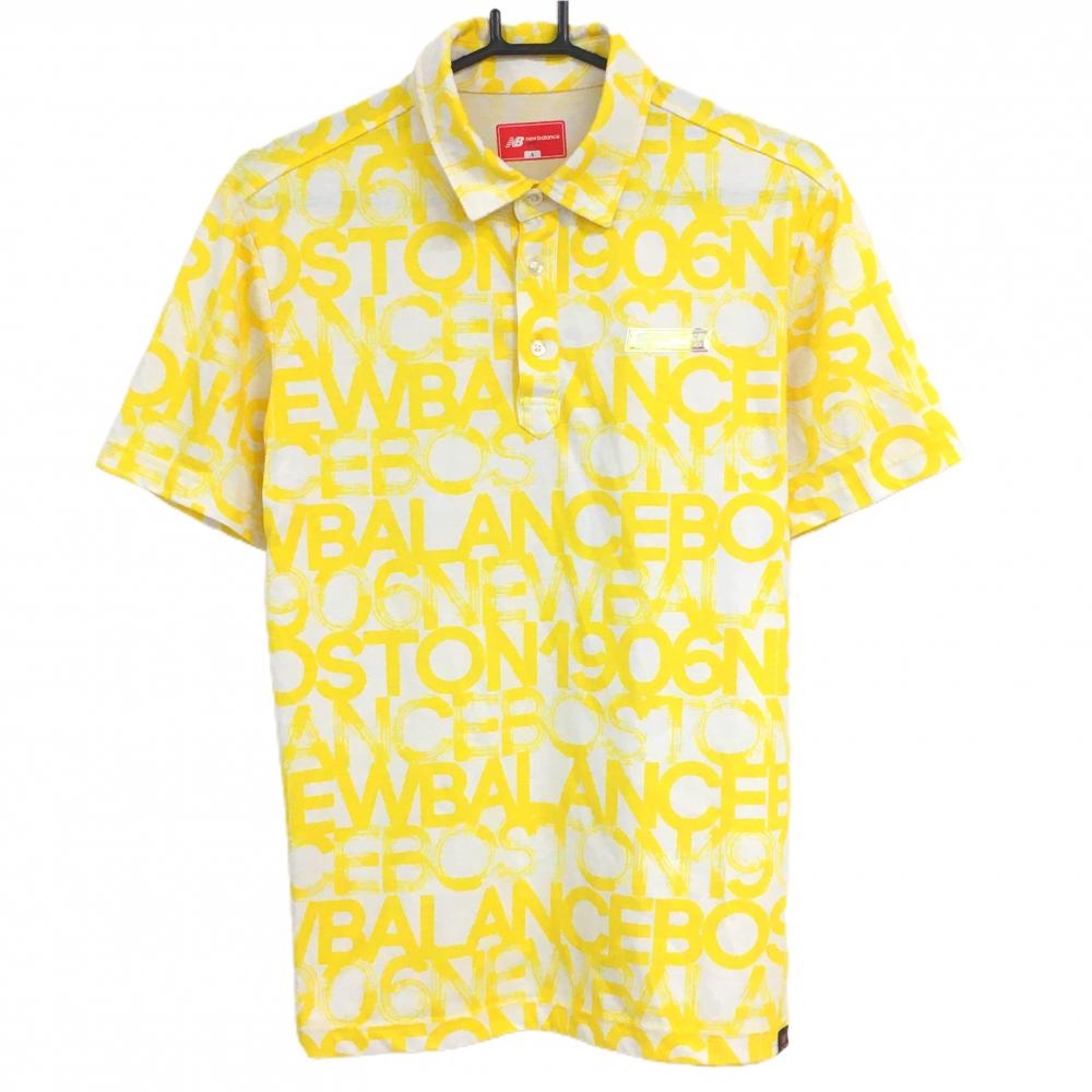 【美品】ニューバランスゴルフ 半袖ポロシャツ 白×イエロー ロゴ総柄 メンズ 6(XL) ゴルフウェア New Balance