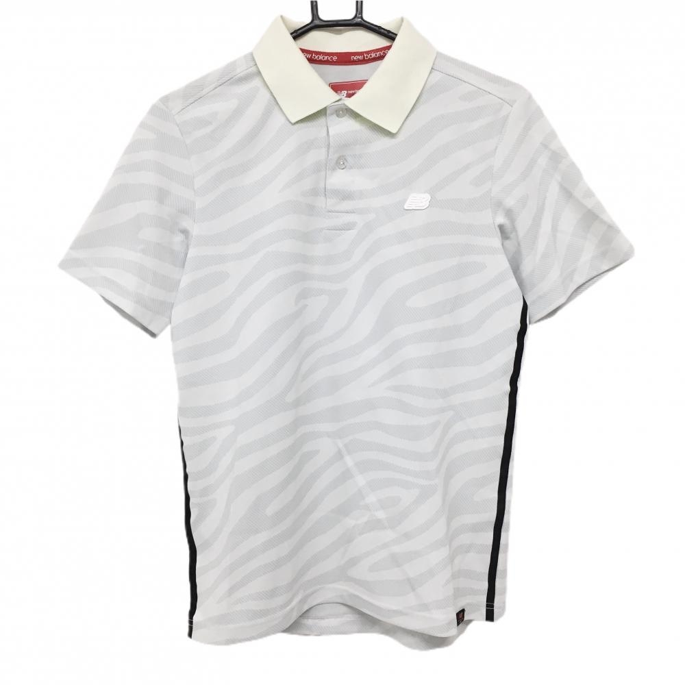 【超美品】ニューバランスゴルフ 半袖ポロシャツ ライトグレー×黒 総柄 サイドライン  メンズ 4(M) ゴルフウェア New Balance