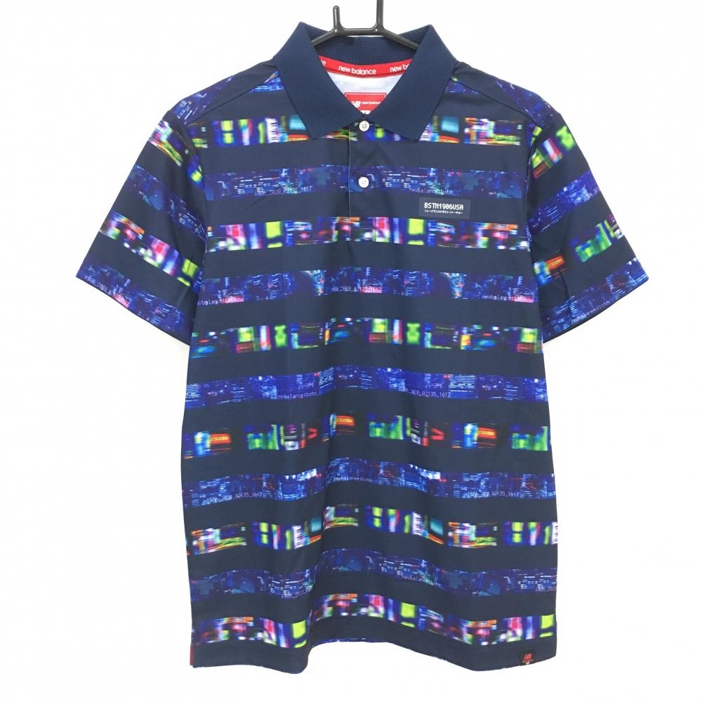 【超美品】ニューバランス 半袖ポロシャツ ネイビー×マルチカラー ボーダー 総柄  メンズ 6(XL) ゴルフウェア New Balance