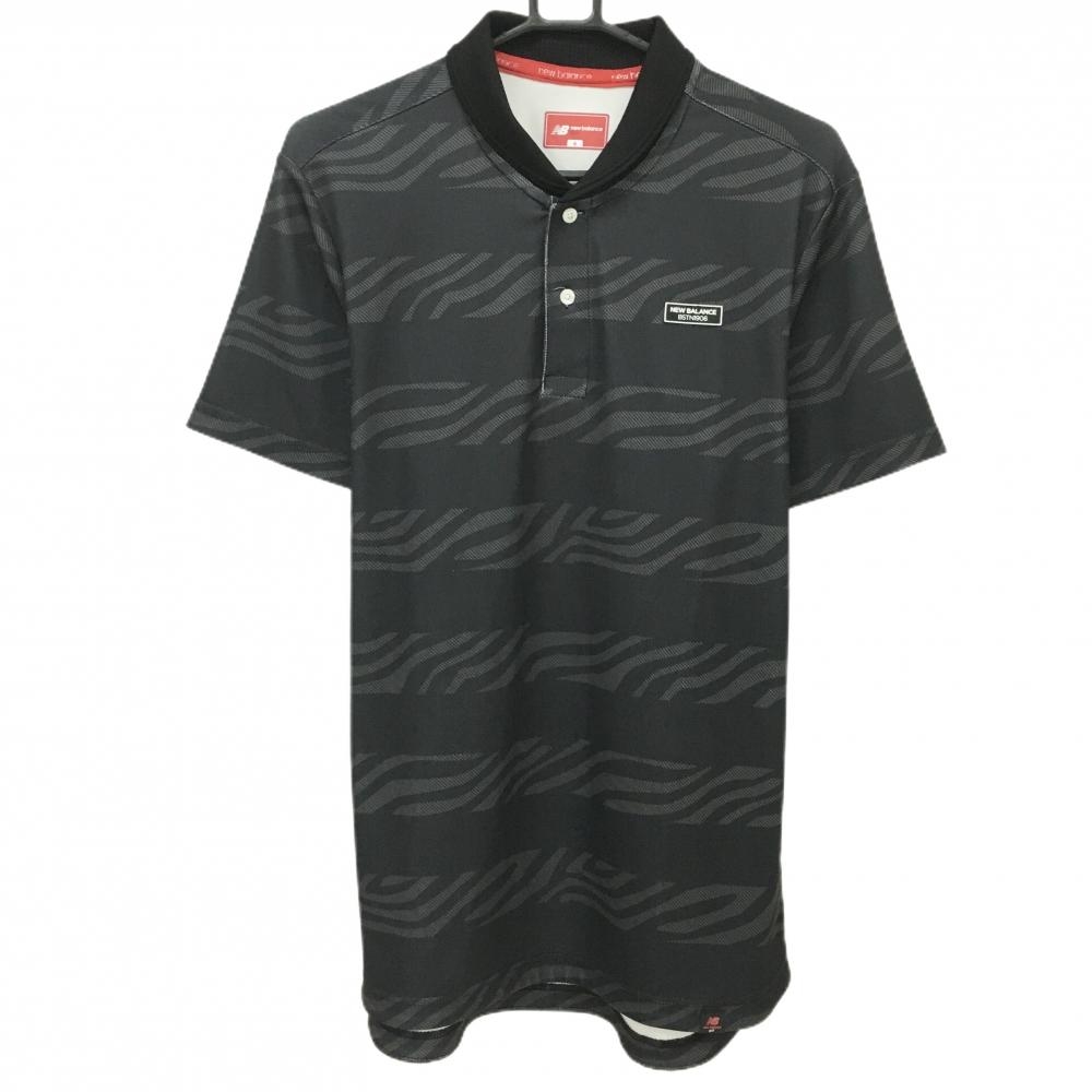 【美品】ニューバランスゴルフ 半袖ポロシャツ 黒×グレー ボーダー調 ロゴシリコンワッペン メンズ 6(XL) ゴルフウェア New Balance