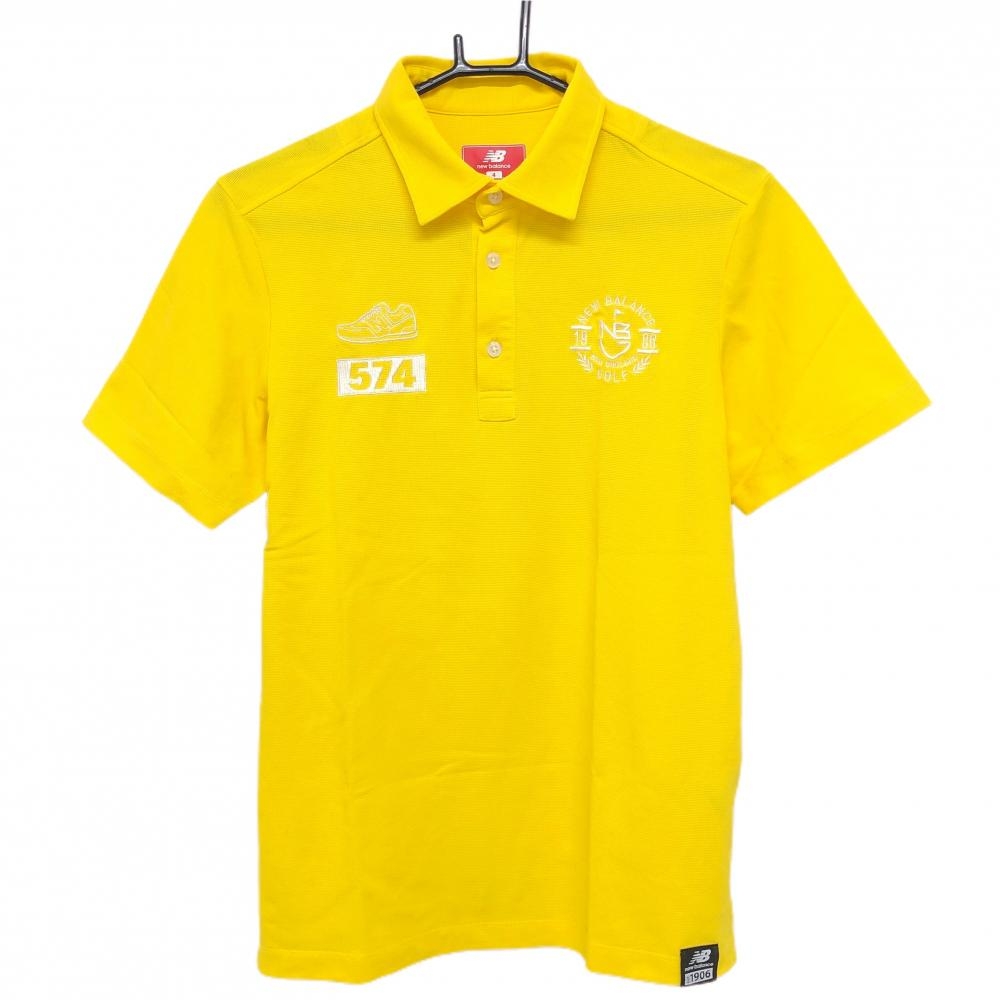 【美品】ニューバランスゴルフ 半袖ポロシャツ イエロー×白 シューズ刺しゅう メンズ 4(M) ゴルフウェア New Balance
