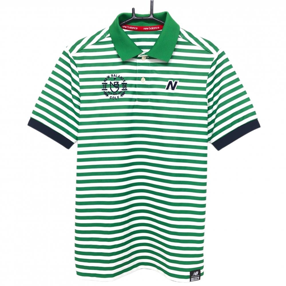 【美品】ニューバランスゴルフ 半袖ポロシャツ グリーン×白 ボーダー 襟裏ネイビー メンズ 4(M) ゴルフウェア New Balance