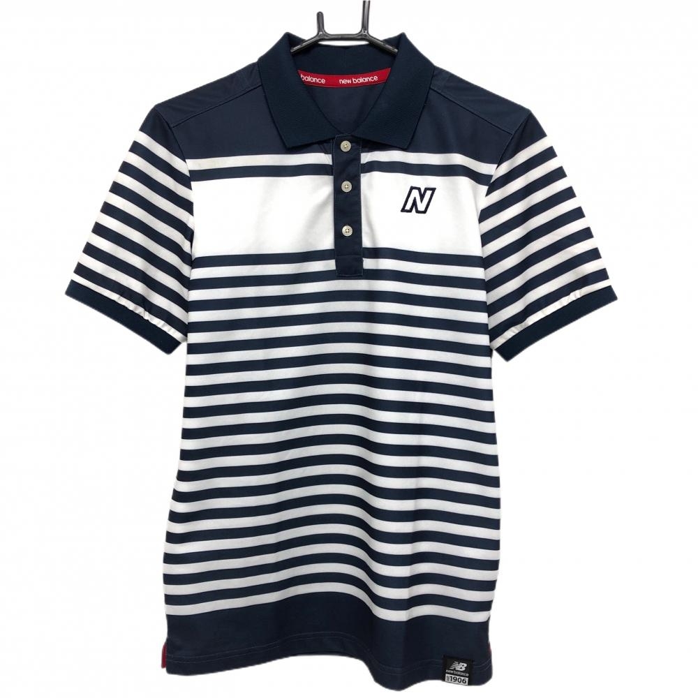ニューバランス 半袖ポロシャツ 白×ネイビー ボーダー ロゴ刺しゅう メンズ 4(M) ゴルフウェア New Balance