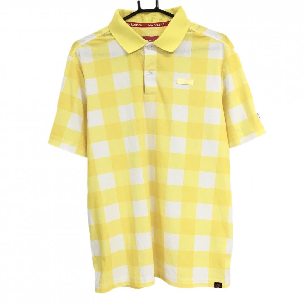 【超美品】ニューバランスゴルフ 半袖ポロシャツ イエロー×白 チェック柄  メンズ 7(2XL) ゴルフウェア 大きいサイズ New Balance