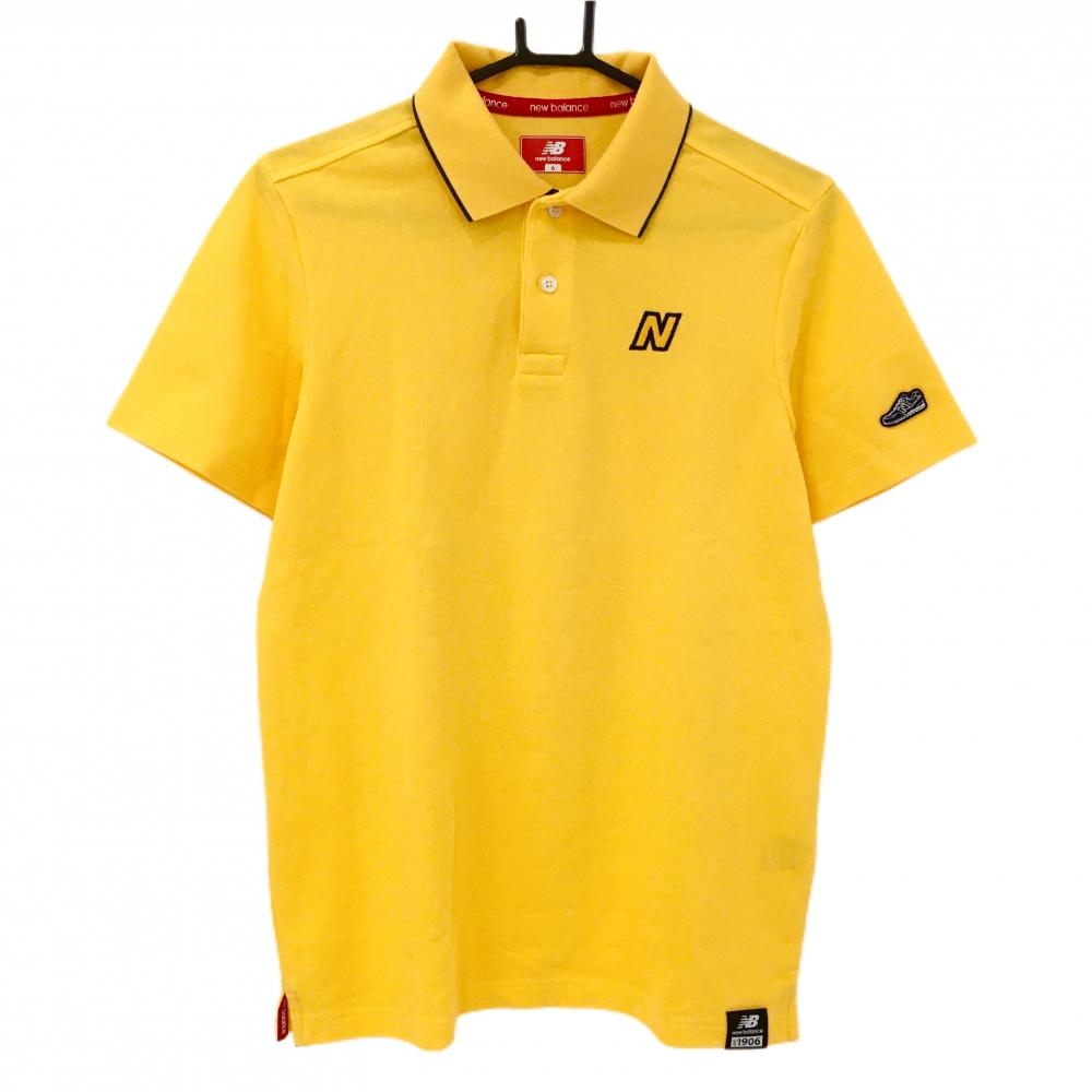 【美品】ニューバランスゴルフ 半袖ポロシャツ イエロー×ネイビー 袖スニーカーワッペン  メンズ 6(XL) ゴルフウェア New Balance