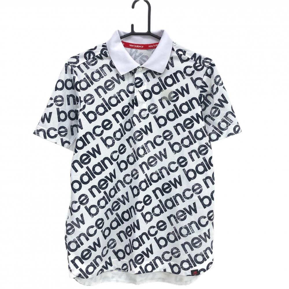 【美品】ニューバランスゴルフ 半袖ポロシャツ 白×ダークグレー ロゴ英字総柄 メッシュ生地 シリコンワッペン メンズ ４(XL) ゴルフウェア New Balance