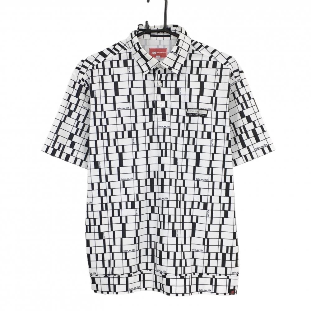 【美品】ニューバランスゴルフ 半袖ポロシャツ 白×黒 チェック風 ワッペン  メンズ 4(M) ゴルフウェア New Balance