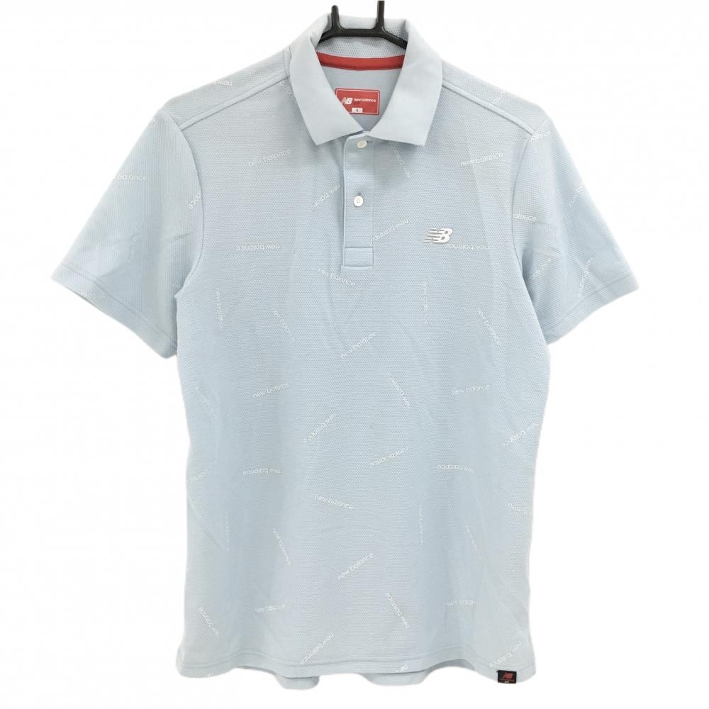 ニューバランスゴルフ 半袖ポロシャツ ライトブルー×白 ロゴ総柄  メンズ 5(L) ゴルフウェア New Balance