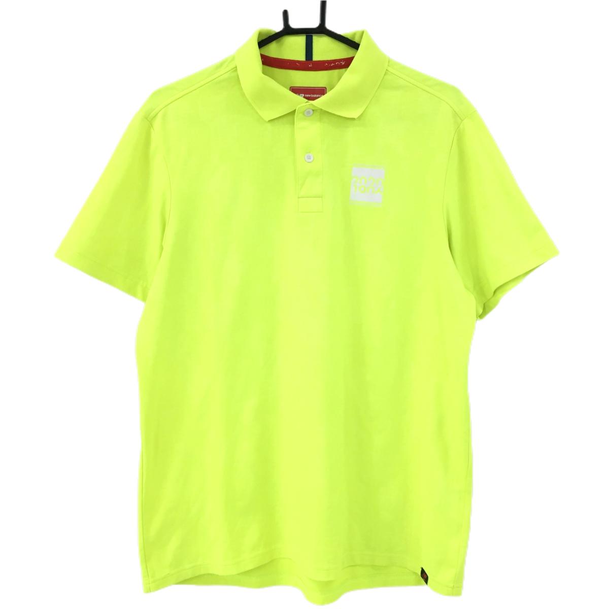 ニューバランスゴルフ 半袖ポロシャツ 蛍光イエロー×白 地模様 胸元プリント  メンズ 6(XL) ゴルフウェア New Balance