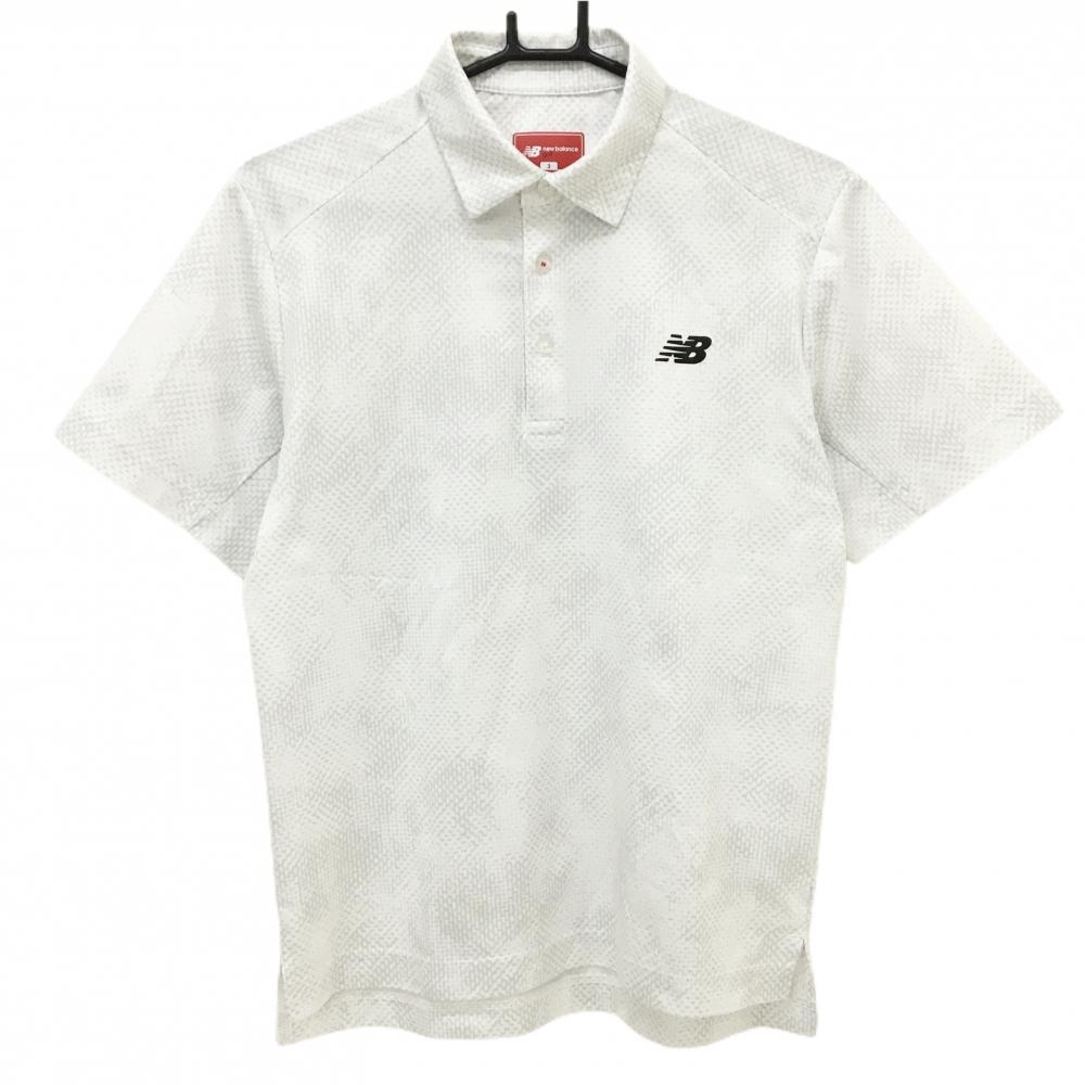 【美品】ニューバランスゴルフ 半袖ポロシャツ 白×ライトグレー 総柄 メンズ 3(S) ゴルフウェア New Balance