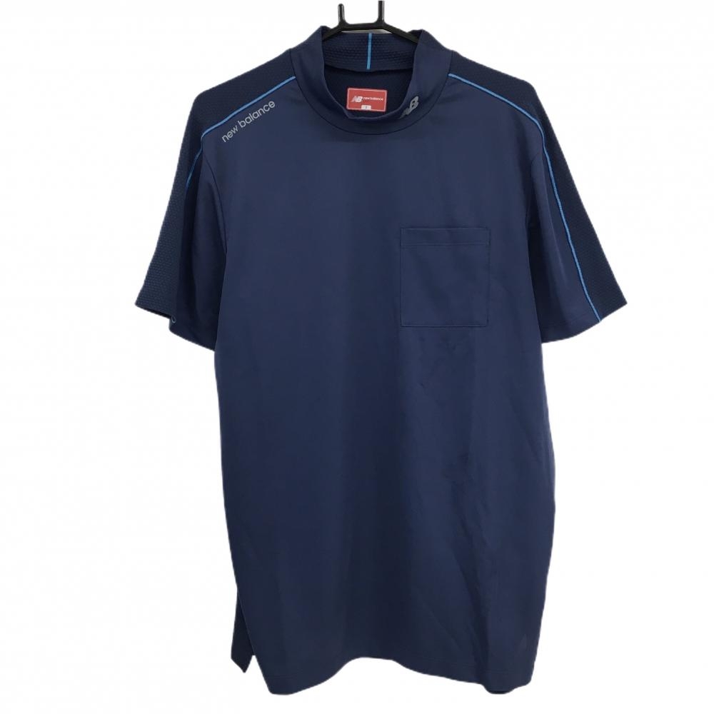 【超美品】ニューバランスゴルフ 半袖ハイネックシャツ ネイビー 切替 胸ポケット メンズ 7(2XL) ゴルフウェア 大きいサイズ New Balance