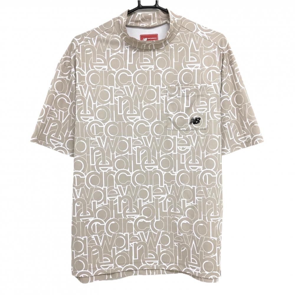 【美品】ニューバランスゴルフ 半袖ハイネックシャツ ベージュ×白 ロゴ総柄  メンズ 4(M) ゴルフウェア 2023年モデル New Balance