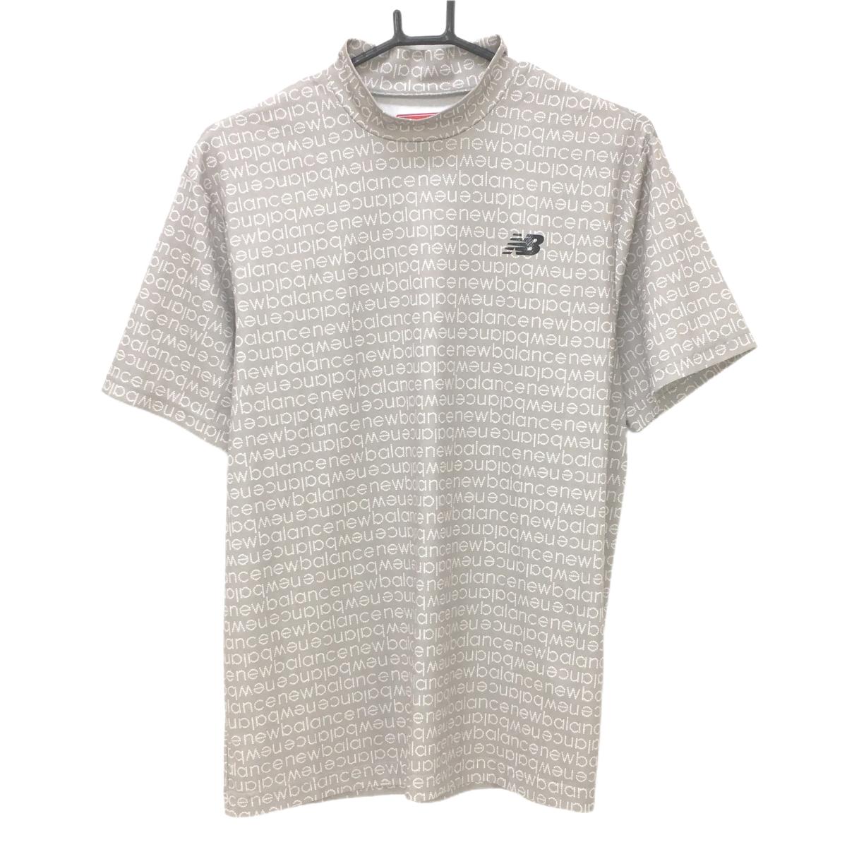 【超美品】ニューバランスゴルフ 半袖ハイネックシャツ ライトグレー×白 ロゴ総柄 メンズ 5(L) ゴルフウェア 2025年モデル New Balance