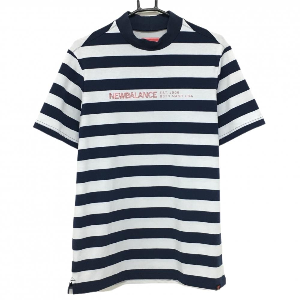 【美品】ニューバランスゴルフ 半袖ハイネックシャツ ネイビー×白 ボーダー 胸元ロゴ メンズ 6(XL) ゴルフウェア New Balance
