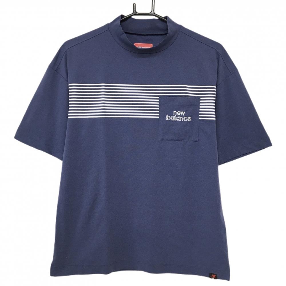 【超美品】ニューバランスゴルフ 半袖ハイネックシャツ ネイビー×白 一部ボーダー ロゴ刺しゅう メンズ 4(M) ゴルフウェア New Balance