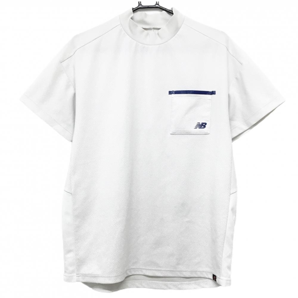 ニューバランスゴルフ 半袖ハイネックシャツ 白×ネイビー ロゴプリント メンズ 5(L) ゴルフウェア New Balance