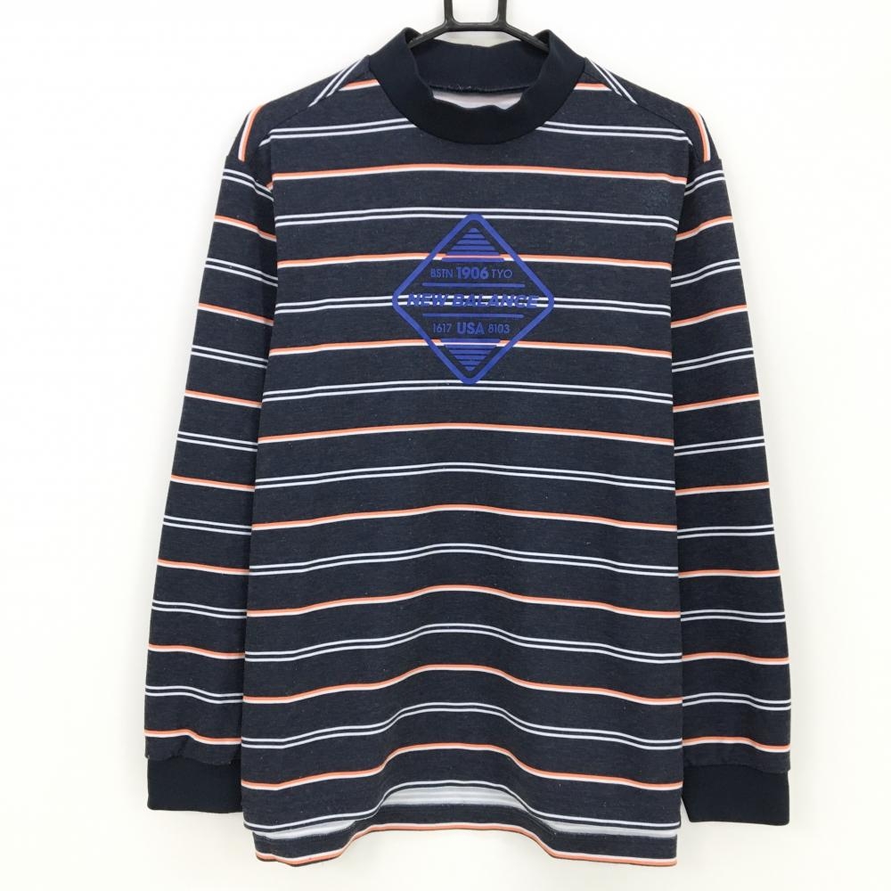 ニューバランスゴルフ 長袖ハイネックシャツ ネイビー×白 ボーダー フロントロゴ メンズ 6(XL) ゴルフウェア New Balance