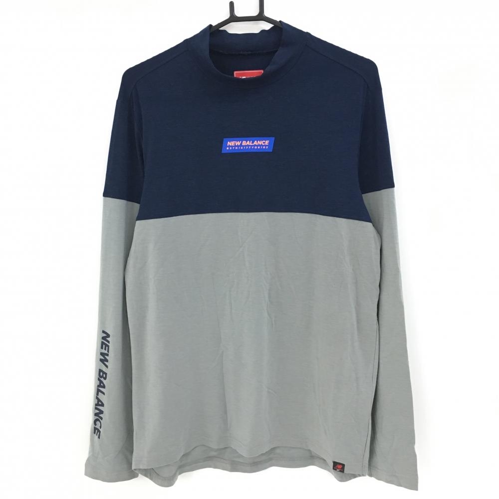 【美品】ニューバランスゴルフ 長袖ハイネックシャツ ネイビー×ライトグレー バイカラー 袖ロゴ メンズ 6(XL) ゴルフウェア New Balance