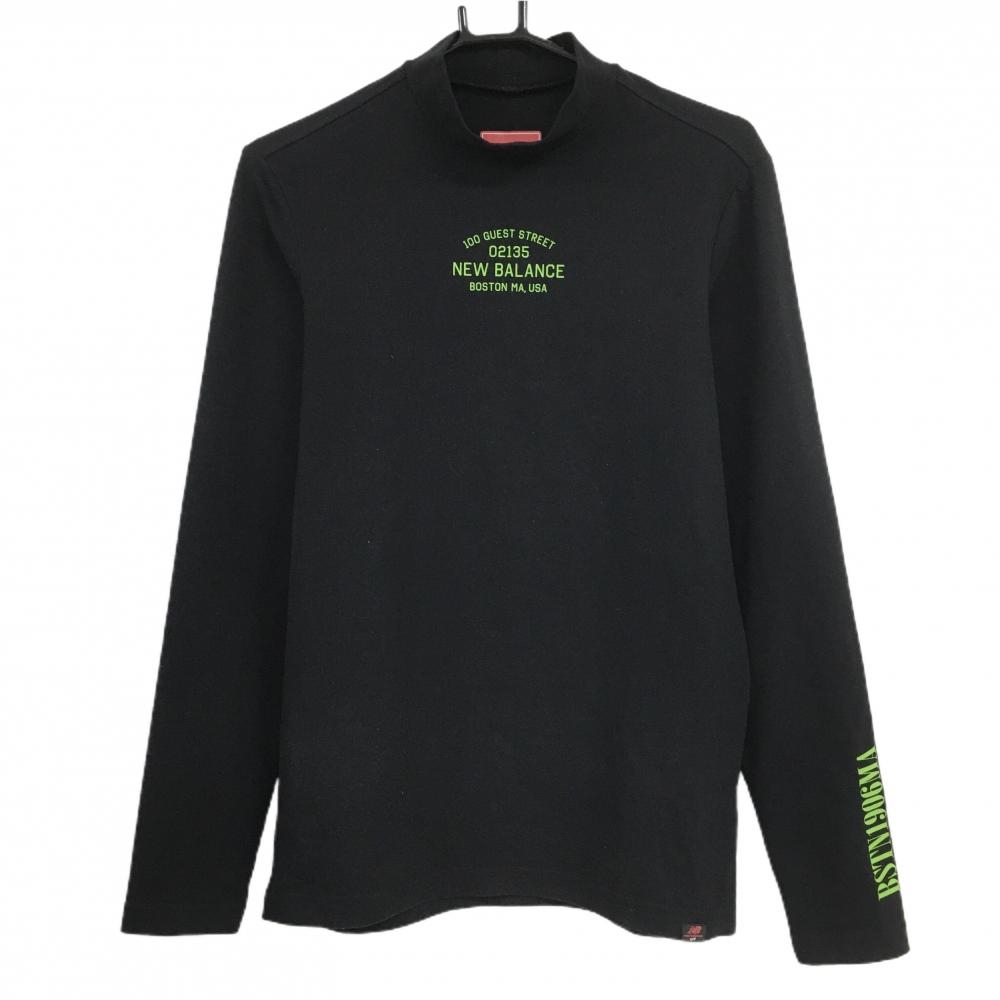 【美品】ニューバランスゴルフ 長袖ハイネックシャツ 黒×ライトグリーン フロントロゴ 表微起毛 メンズ 4(M) ゴルフウェア New Balance