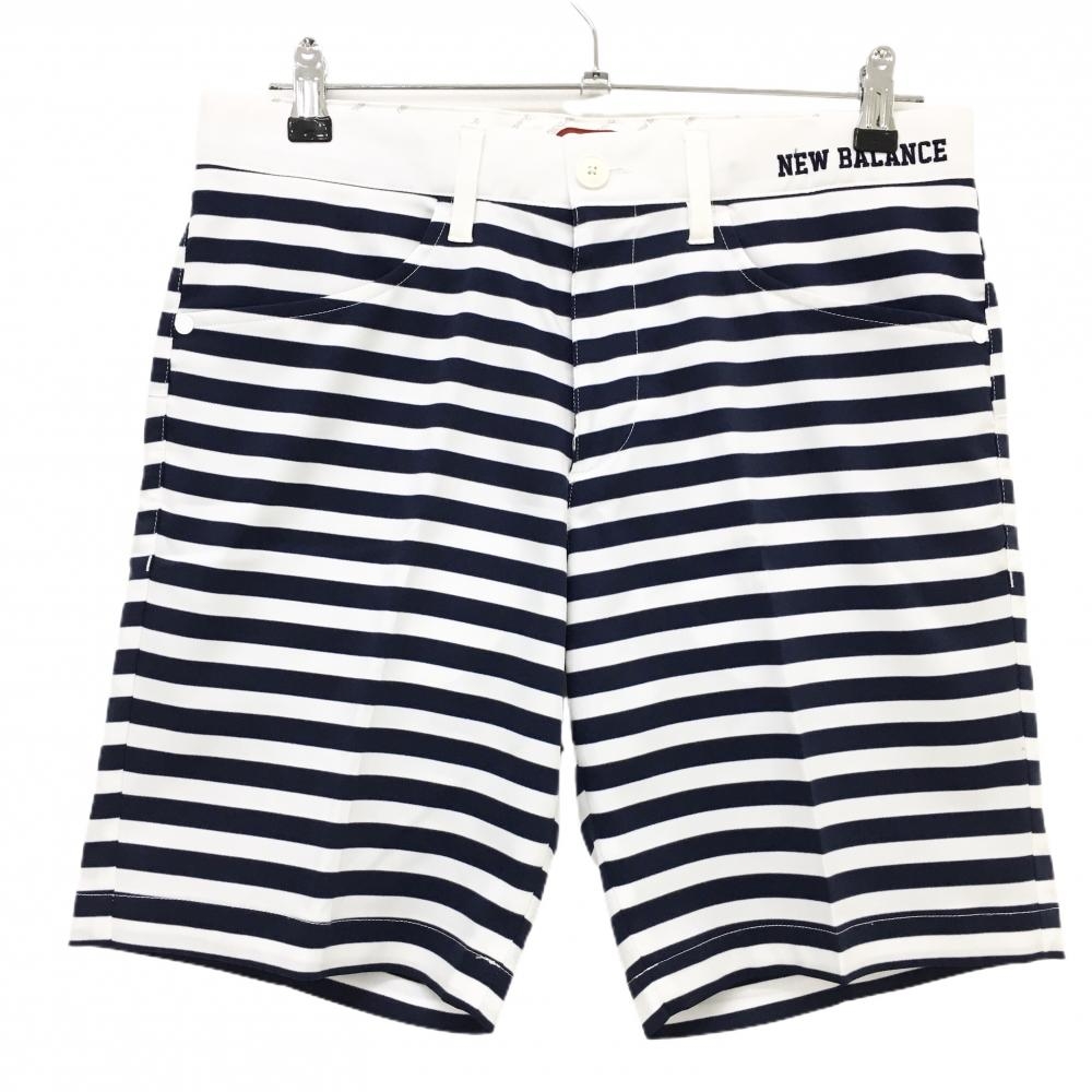 【美品】ニューバランス ハーフパンツ ネイビー×白 ボーダー シューズ刺しゅう  メンズ 4(M) ゴルフウェア New Balance