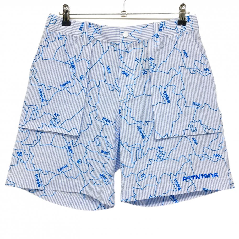 【新品】ニューバランスゴルフ ハーフパンツ 白×ライトブルー系 ストライプ 総柄 サッカー生地  メンズ 5(L) ゴルフウェア New Balance