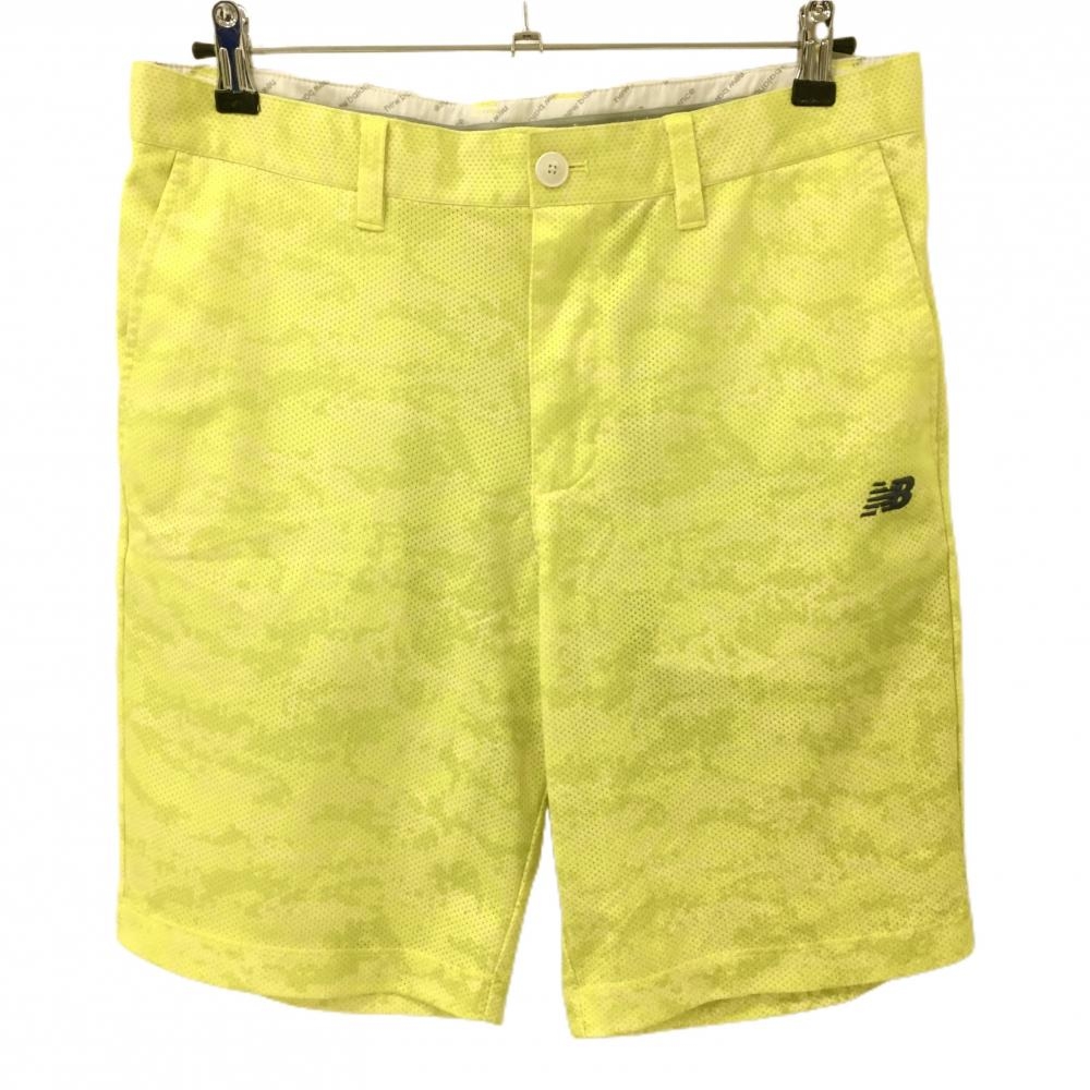 【超美品】ニューバランスゴルフ ハーフパンツ イエロー系 メッシュ調 総柄 メンズ 5(L) ゴルフウェア New Balance