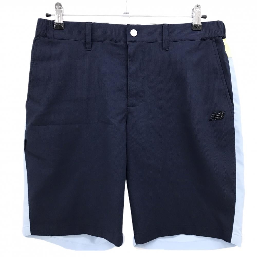 【超美品】ニューバランスゴルフ ハーフパンツ ネイビー×ライトブルー×イエロー ロゴ メンズ 5(L) ゴルフウェア New Balance