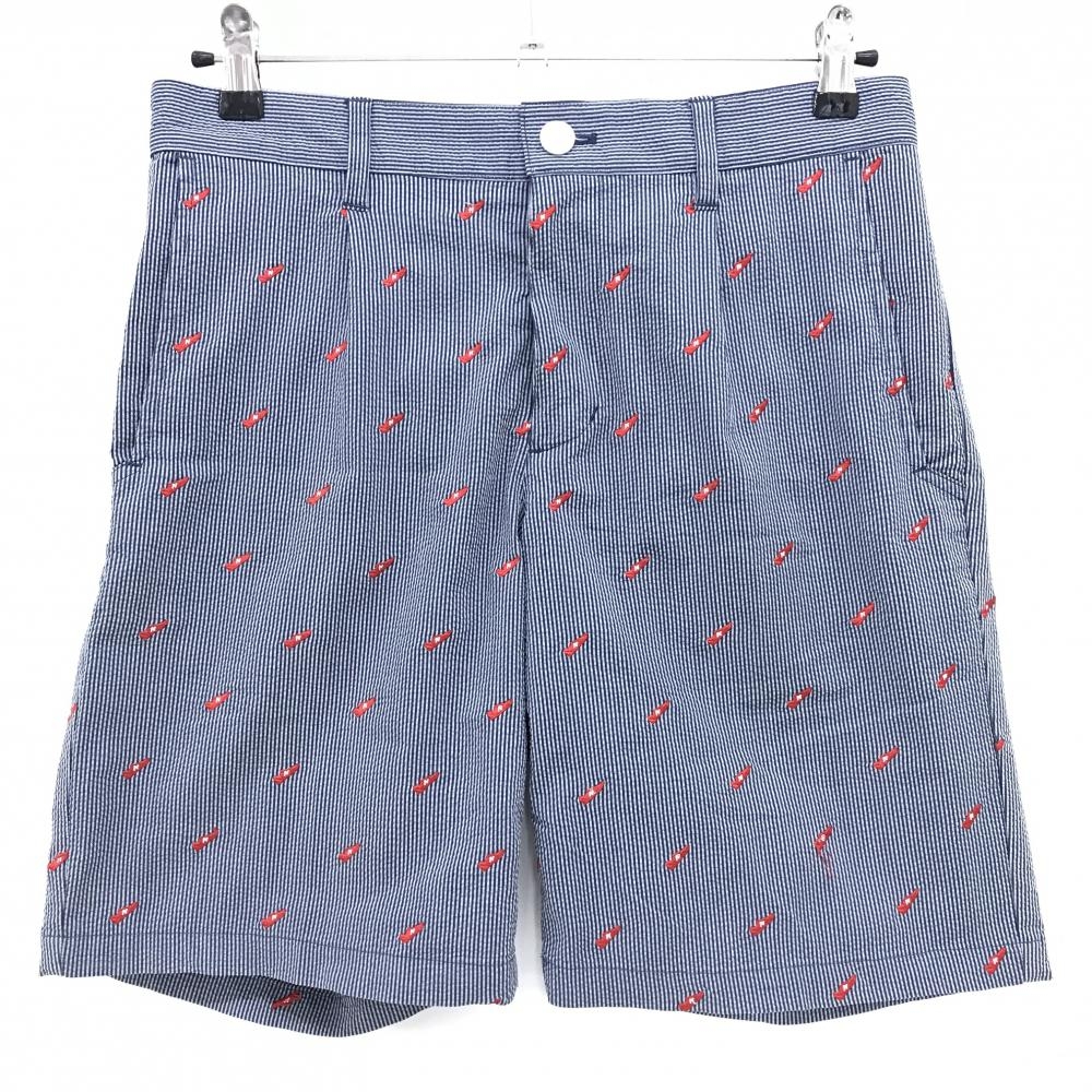 【美品】ニューバランスゴルフ ハーフパンツ ネイビー×グレー 細目ストライプシューズ刺しゅう総柄 メンズ 3(S) ゴルフウェア New Balance