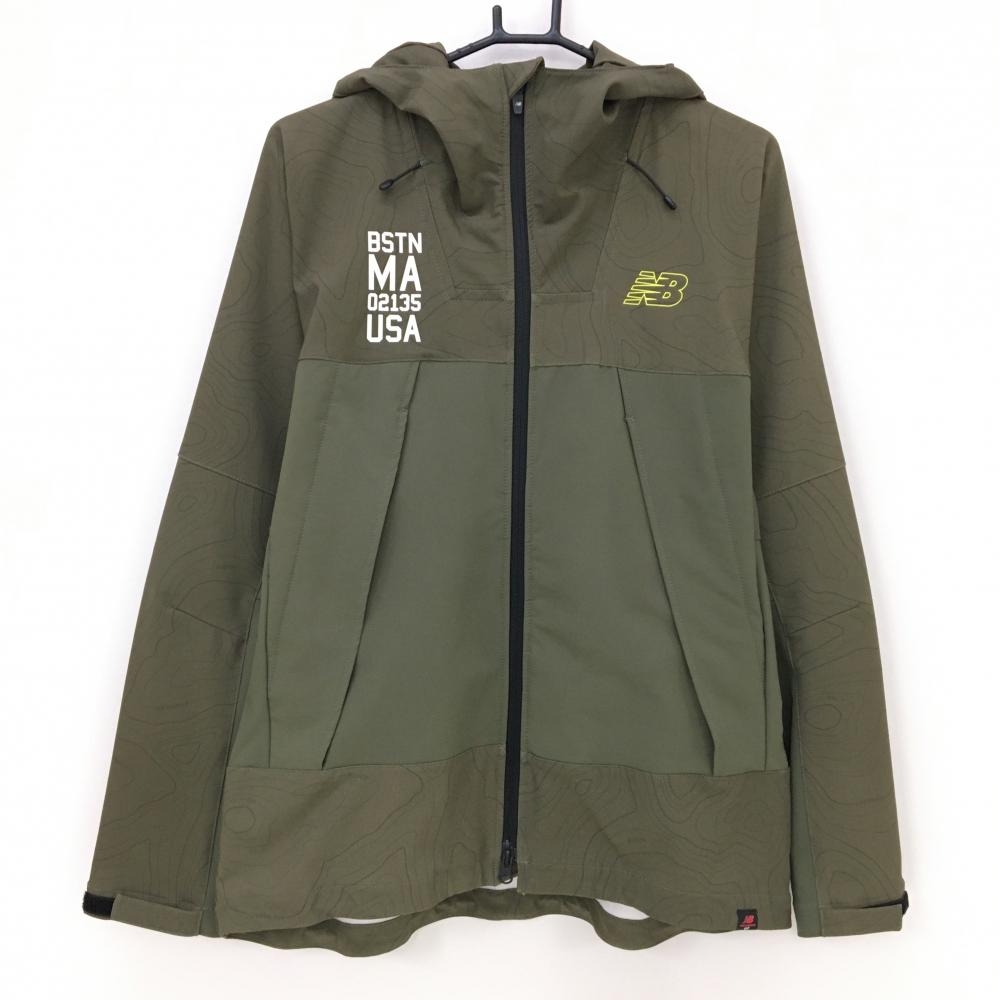 【美品】ニューバランスゴルフ フード付きジャケット ダークグリーン×カーキ 一部柄 ダブルジップ メンズ 4(M) ゴルフウェア New Balance