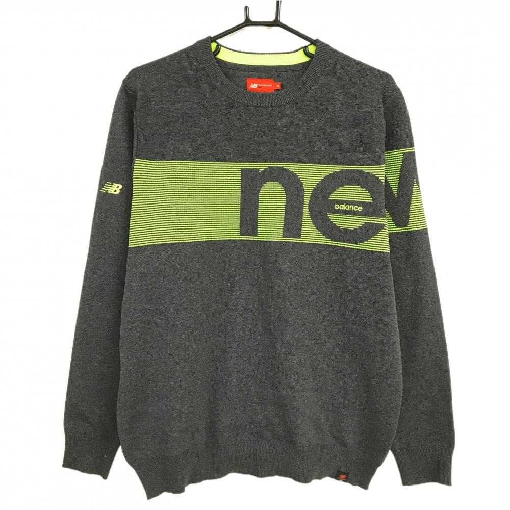 【超美品】ニューバランスゴルフ セーター 杢グレー×イエローグリーン 胸ボーダー風 ロゴ刺しゅう  メンズ 5(L) ゴルフウェア New Balance