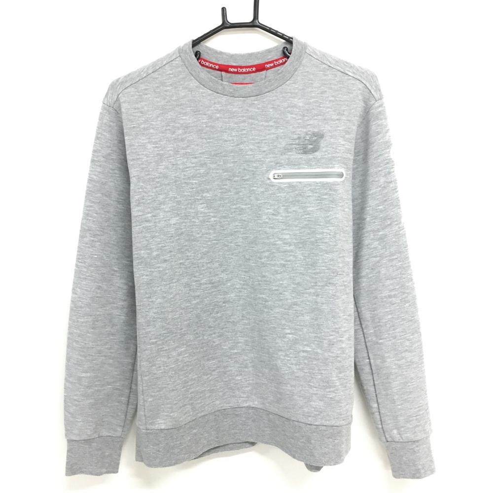 【美品】ニューバランス トレーナー 杢グレー 袖ロゴ 胸ポケット  メンズ 4(M) ゴルフウェア New Balance