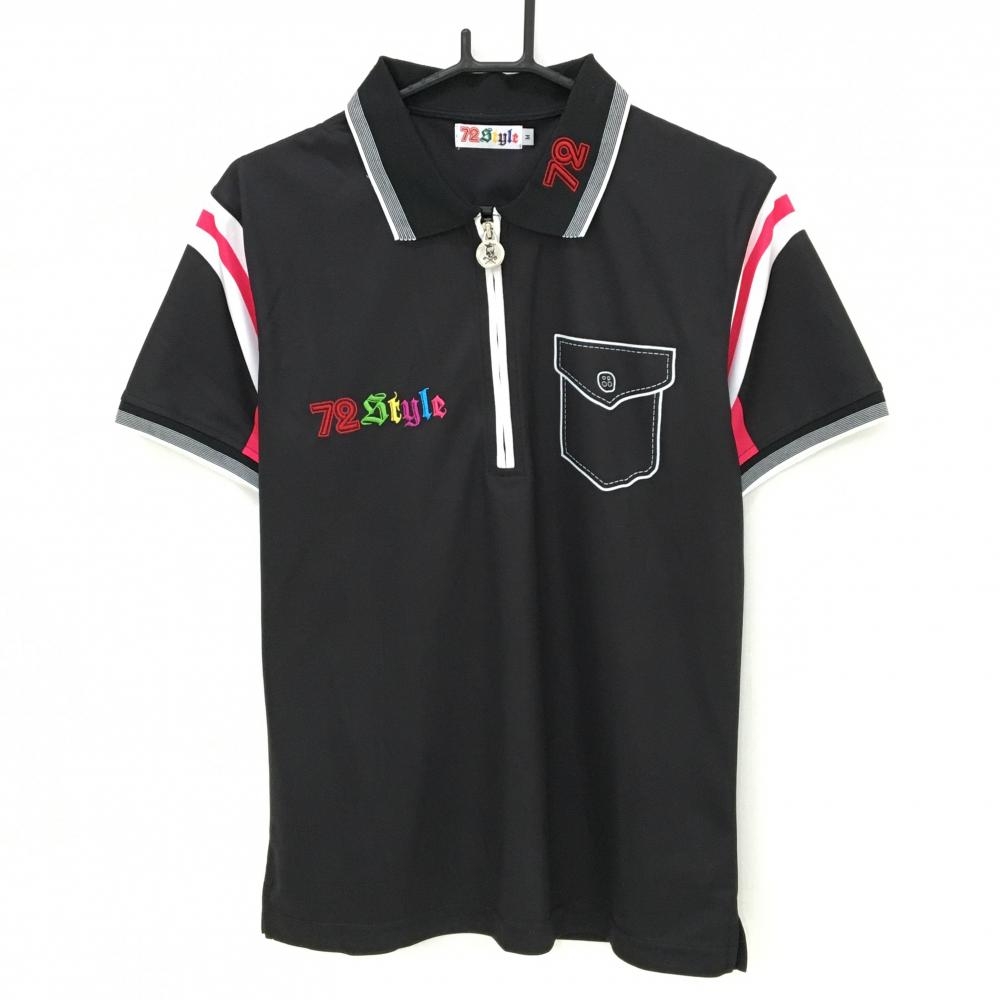 【美品】バーディーハント 72Style 半袖ポロシャツ 黒×ピンク だまし絵胸ポケット ハーフジップ メンズ M ゴルフウェア Birdie hunt