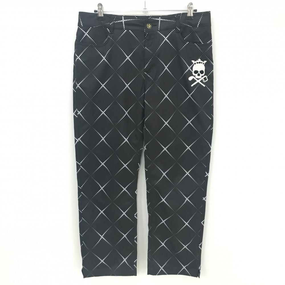 【美品】バーディーハント パンツ 黒×白 斜め格子柄 スカルワッペン メンズ 36(L) ゴルフウェア 大きいサイズ Birdie hunt