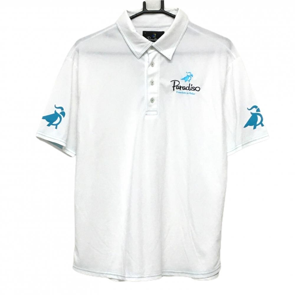 【超美品】パラディーゾ 半袖ポロシャツ 白×ライトブルー ロゴ刺しゅう メンズ L ゴルフウェア Paradiso