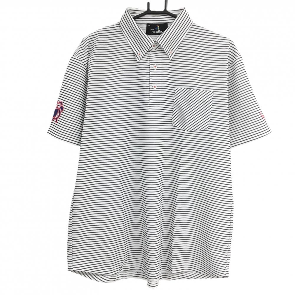 【超美品】パラディーゾ 半袖ポロシャツ 白×黒 ボーダー ロゴピンク ボタンダウン  メンズ LL ゴルフウェア Paradiso