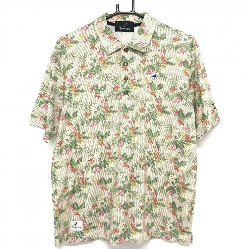 【超美品】パラディーゾ 半袖ポロシャツ ライトベージュ系×グリーン 花柄 ロゴワッペン 袖刺しゅう メンズ LL ゴルフウェア Paradiso