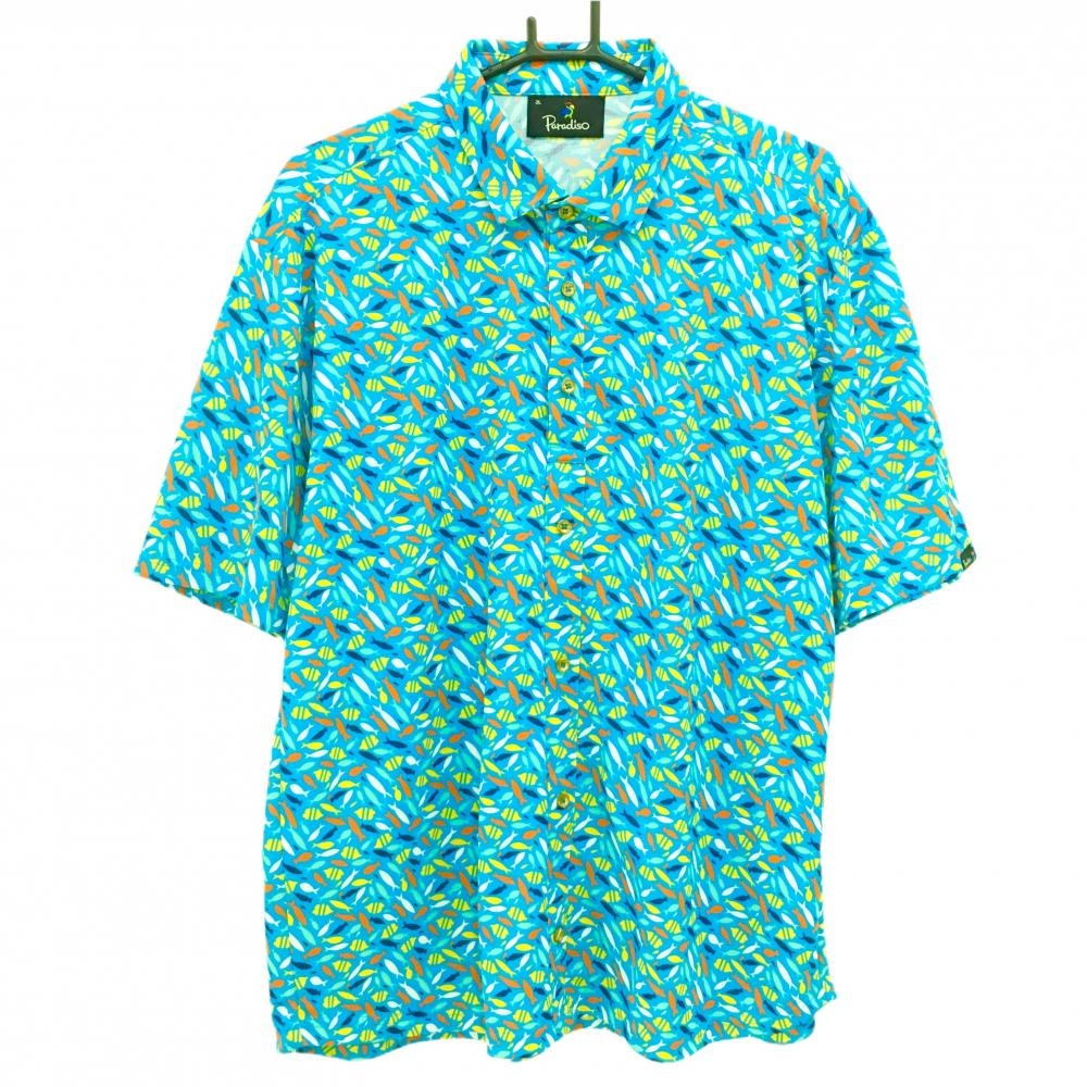 【超美品】パラディーゾ 半袖ポロシャツ ライトブルー×マルチカラー 魚総柄 メンズ 2L ゴルフウェア Paradiso