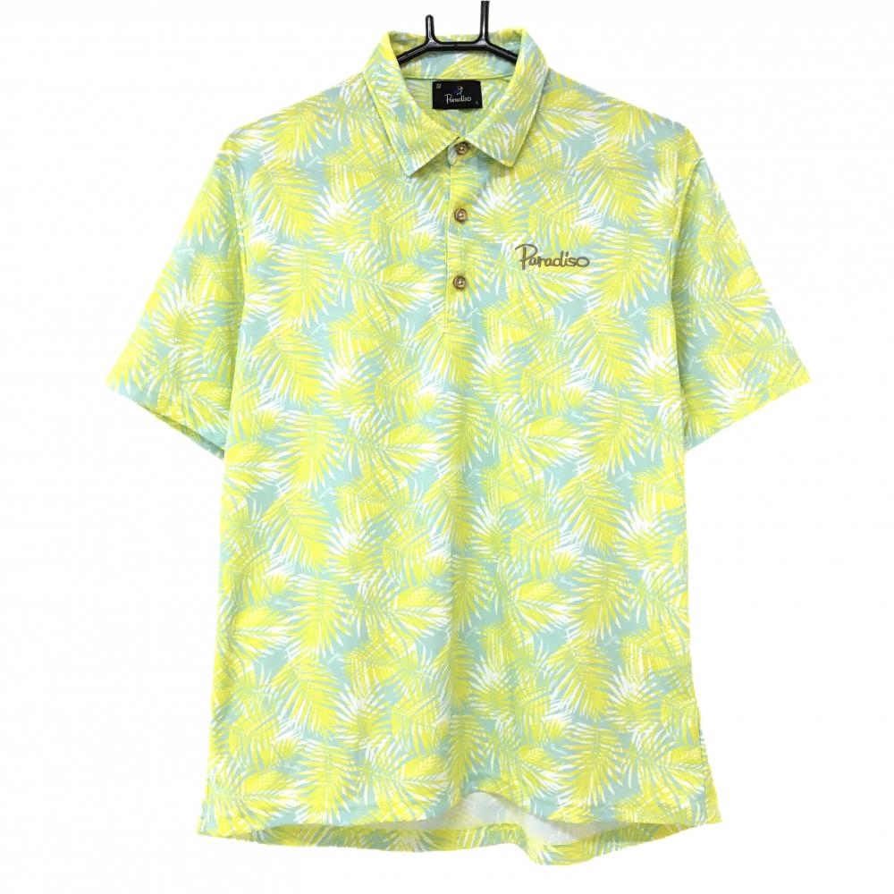 【超美品】パラディーゾ 半袖ポロシャツ ミントグリーン×イエロー系 リーフ総柄 メンズ L ゴルフウェア Paradiso