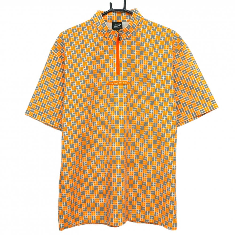 【超美品】パラディーゾ 半袖ハイネックシャツ オレンジ×グレー 総柄 ハーフジップ 胸元ロゴ メンズ L ゴルフウェア Paradiso
