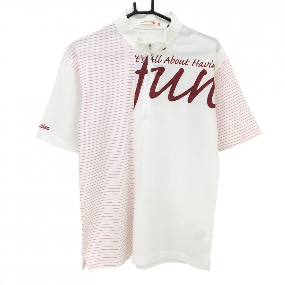 【美品】パラディーゾ 半袖ハイネックシャツ 白×レッド系 ボーダー ハーフジップ フロントロゴ  メンズ L ゴルフウェア Paradiso