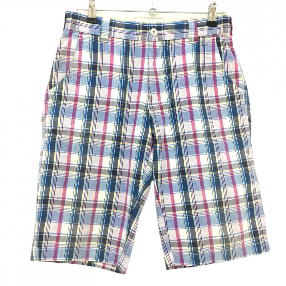 【美品】パラディーゾ ハーフパンツ ブルー×白×ピンク チェック 一部ウエストゴム メンズ M ゴルフウェア Paradiso